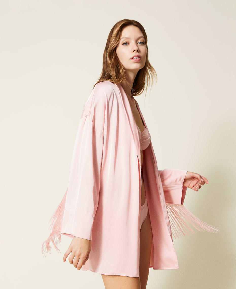 Short satin slip with fringes "Pastel” Pink Woman 222LL2CAA_00386_05
