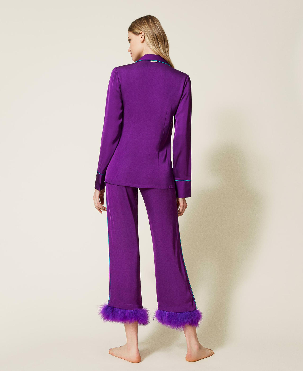 Mannish satin pyjamas with feathers "Violet Cyclamen" Purple Woman 222LL2FGG-03