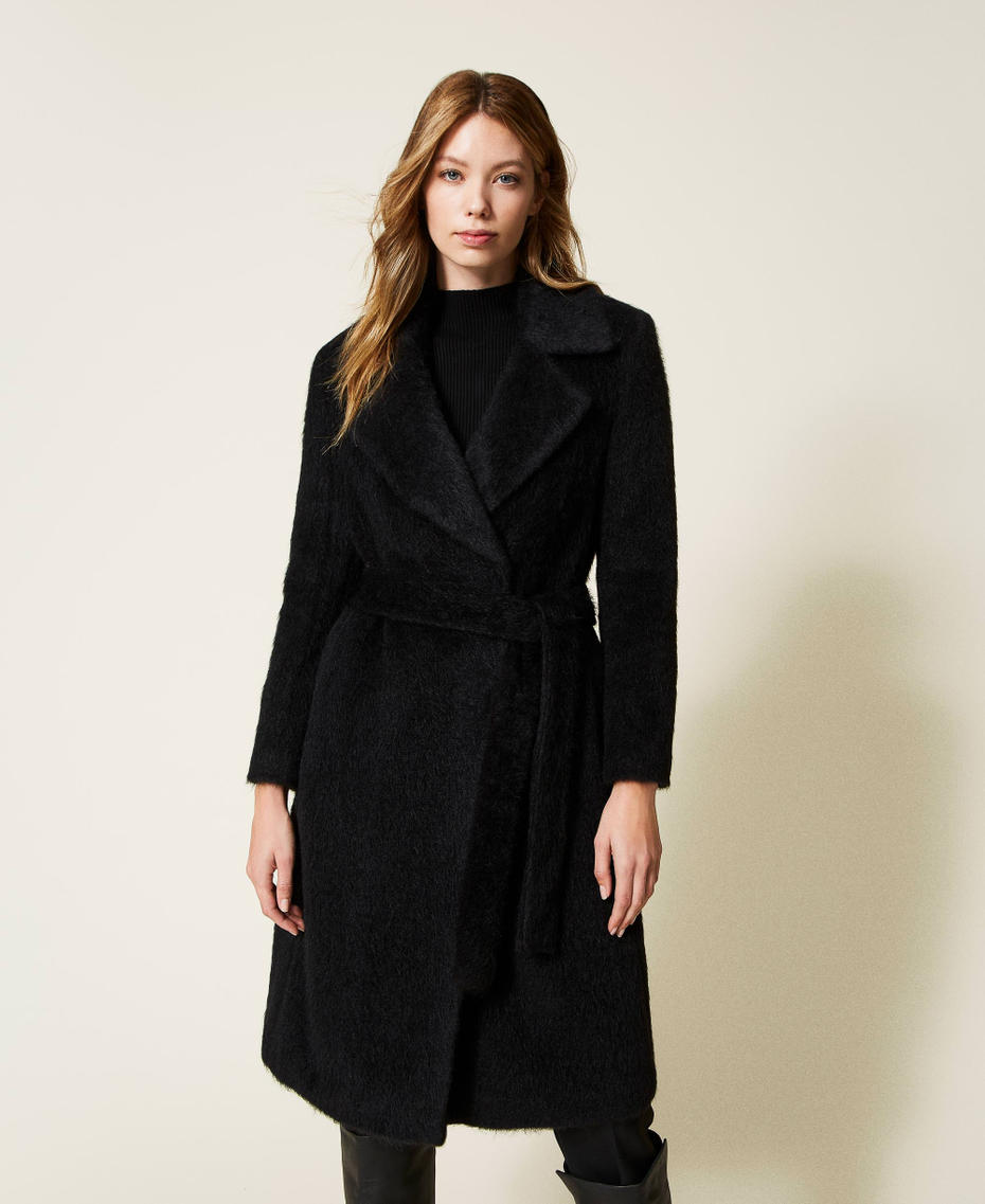 Двубортное пальто из ткани с начесом Черный женщина 222LL2GAA-01