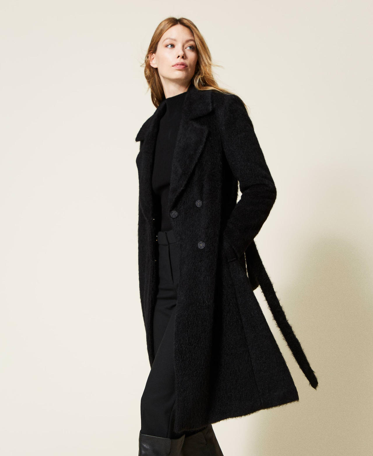 Двубортное пальто из ткани с начесом Черный женщина 222LL2GAA-02