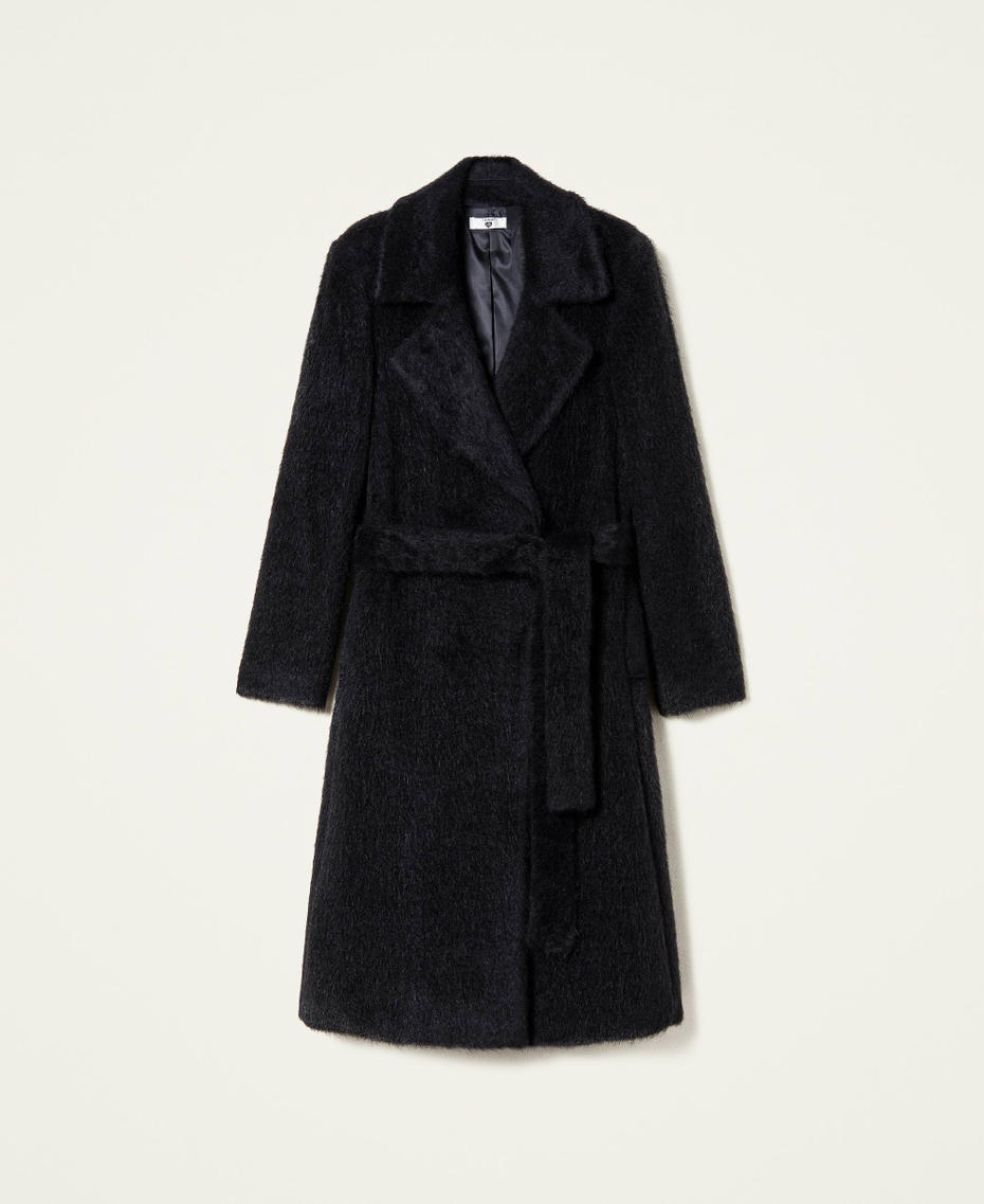 Zweireihiger Mantel aus gerautem Tuch Schwarz Frau 222LL2GAA-0S
