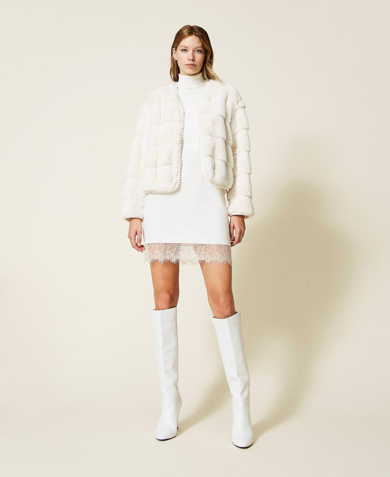Faux fur jacket with pearls Woman, White | TWINSET Milano
