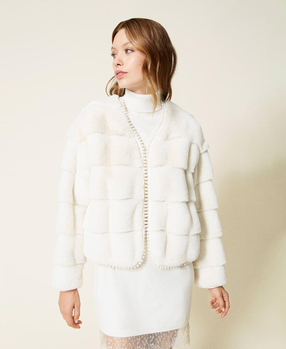 Faux fur jacket with pearls Woman, White | TWINSET Milano