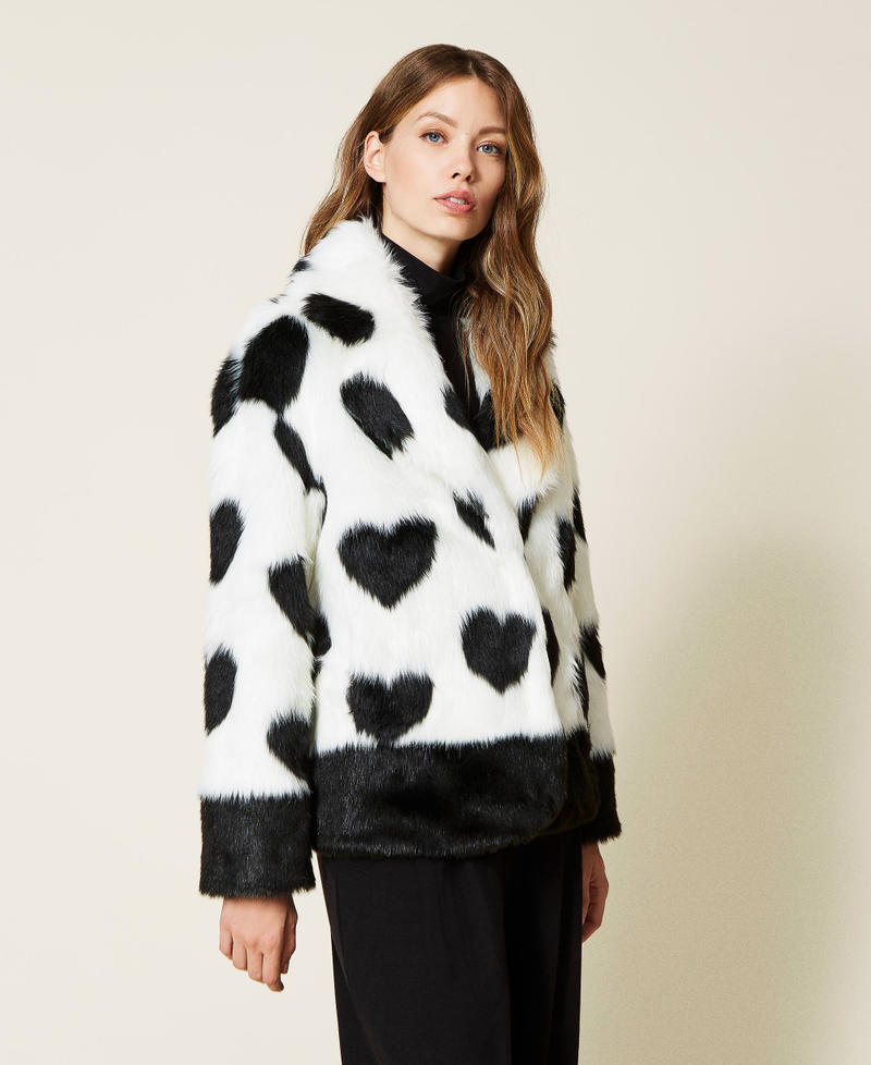 Faux fur jacket with hearts Two-tone Black / "Sugar" White Woman 222LL2GNN-02