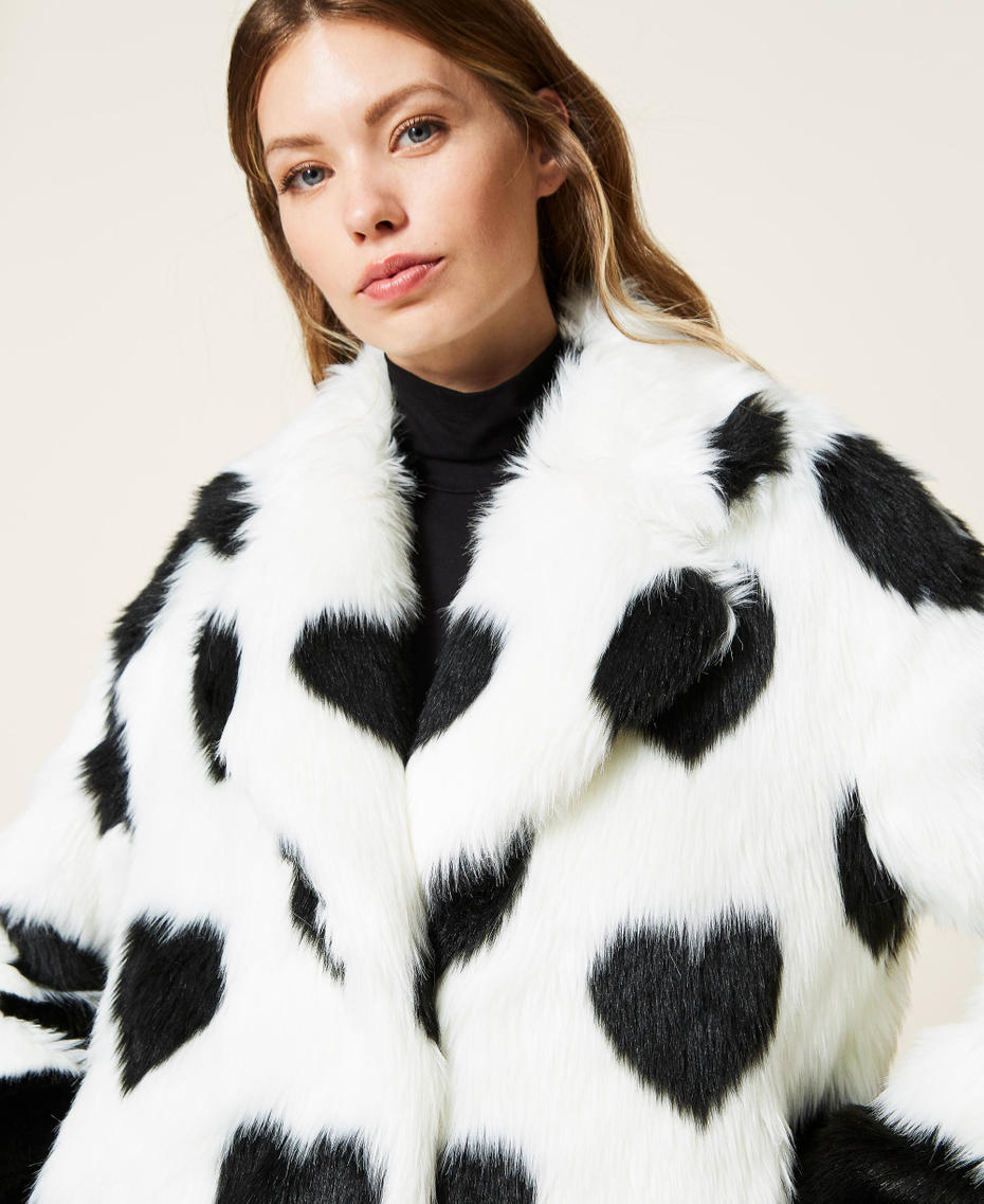 Faux fur jacket with hearts Two-tone Black / "Sugar" White Woman 222LL2GNN-04