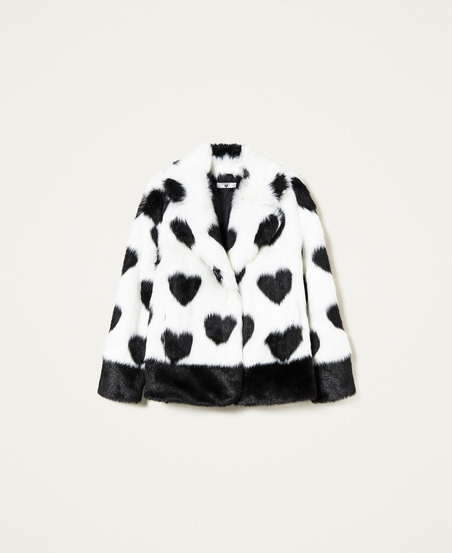 Faux fur jacket with hearts Two-tone Black / "Sugar" White Woman 222LL2GNN-0S