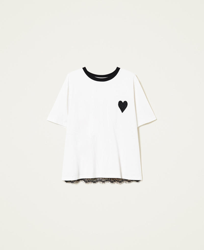 T-shirt with heart and lace Multicolour "Sugar" White / "Bone" Beige / Black Woman 222LL2GPP-0S