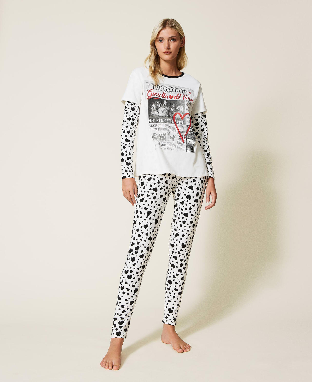 Pyjama imprimé avec paillettes Multicolore Blanc « Sugar »/Imprimé Cœurs/Noir Femme 222LL2GTT-02