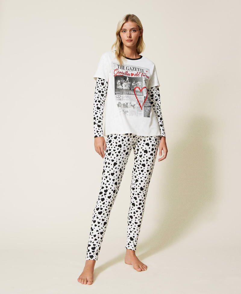 Pyjama imprimé avec paillettes Multicolore Blanc « Sugar »/Imprimé Cœurs/Noir Femme 222LL2GTT-02