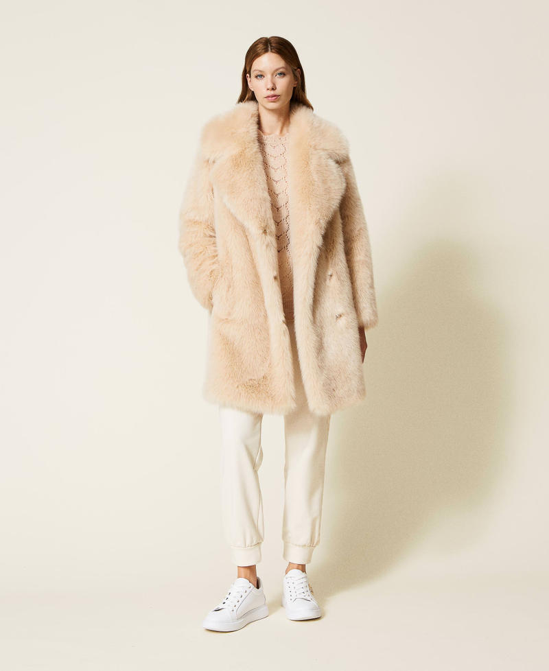 Double-breasted faux fur coat Cream Woman 222LL2GYY-01
