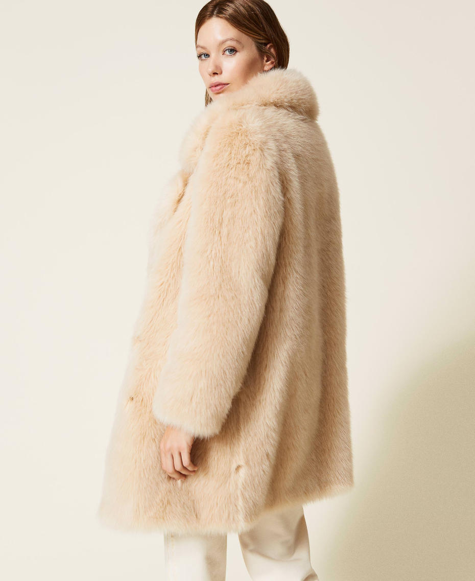 Double-breasted faux fur coat Cream Woman 222LL2GYY-04