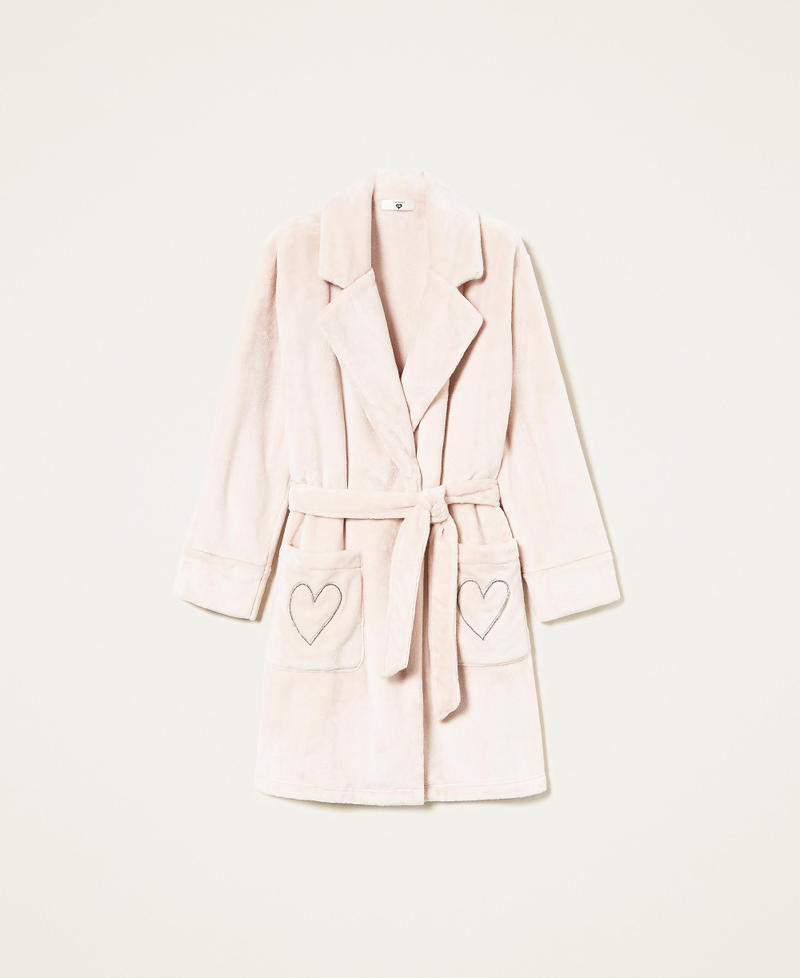 Faux fur dressing gown with heart embroidery