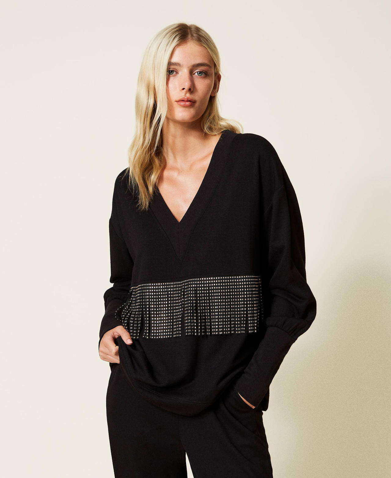 Sweatshirt with fringes and studs Black Woman 222LL2SCC_00006_02