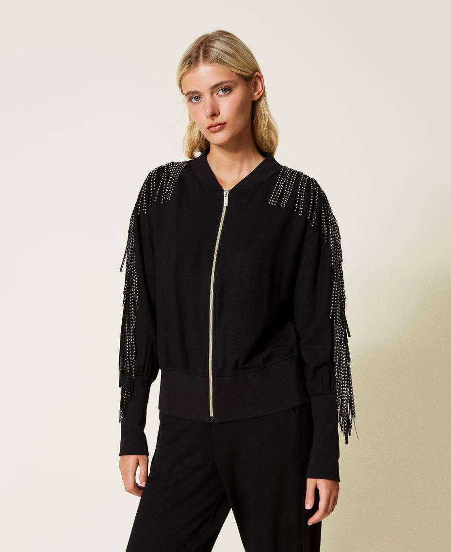 Bomber jacket-like sweatshirt with fringes and studs Black Woman 222LL2SDD-01