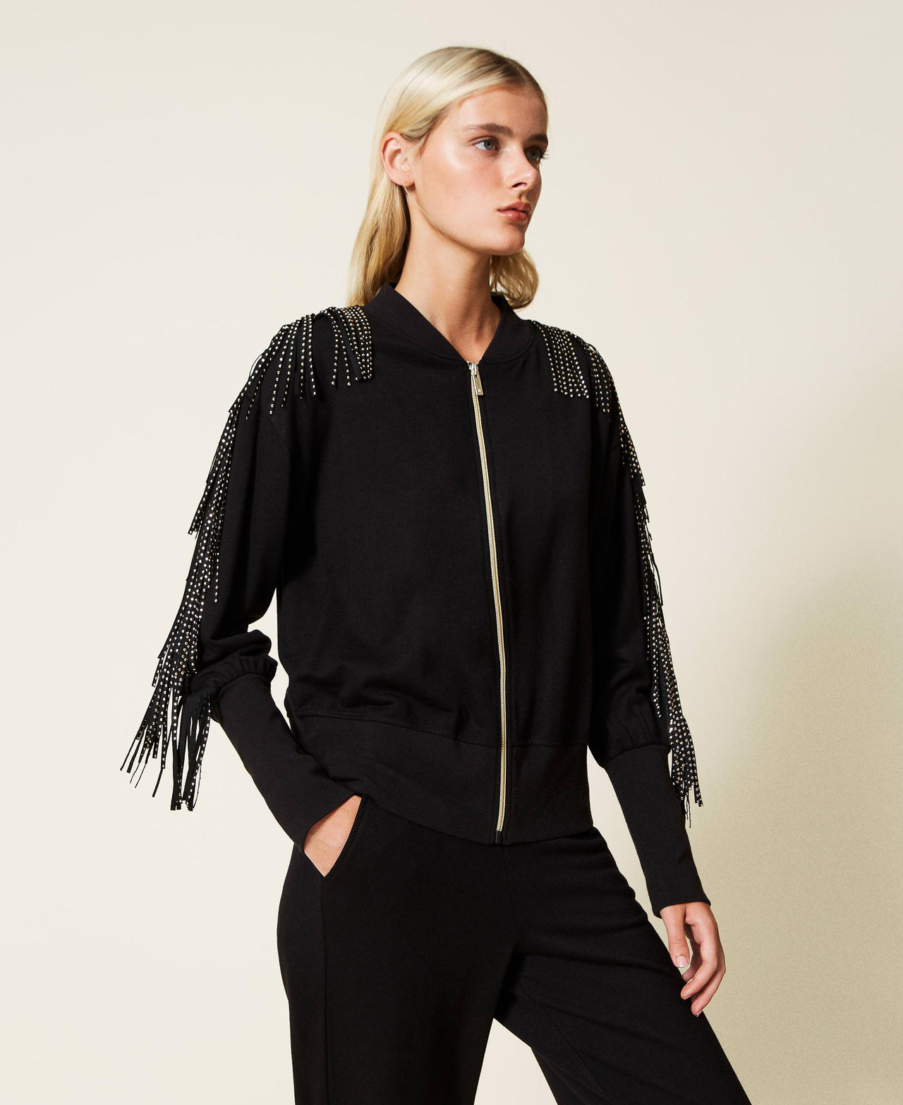 Bomber jacket-like sweatshirt with fringes and studs Black Woman 222LL2SDD-02