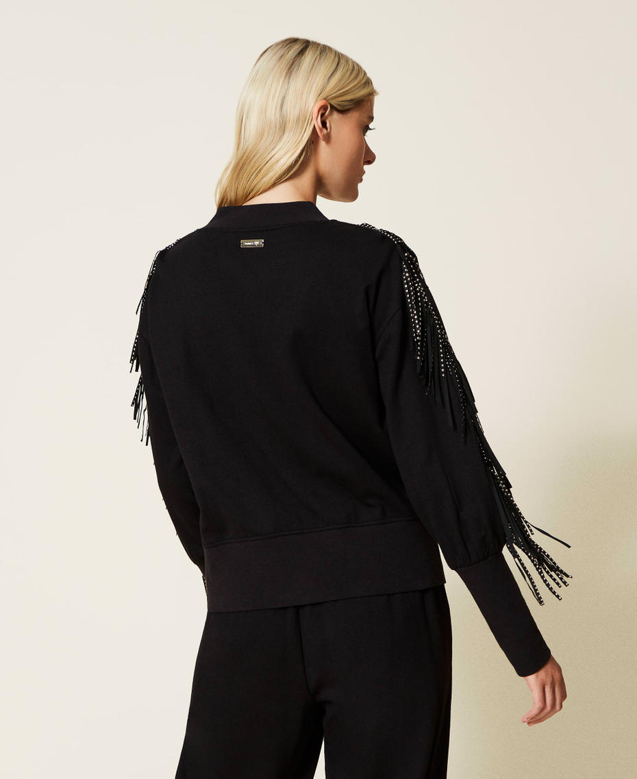 Bomber jacket-like sweatshirt with fringes and studs Black Woman 222LL2SDD_00006_03