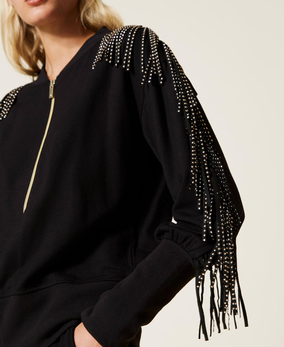Bomber jacket-like sweatshirt with fringes and studs Black Woman 222LL2SDD-04