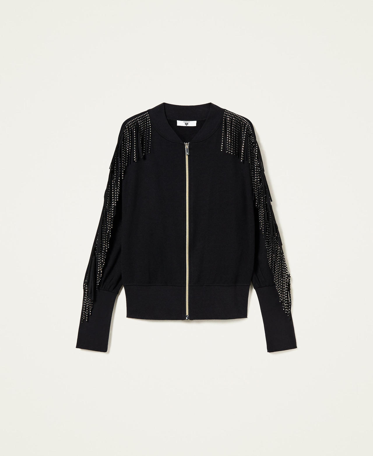 Bomber jacket-like sweatshirt with fringes and studs Black Woman 222LL2SDD_00006_0S