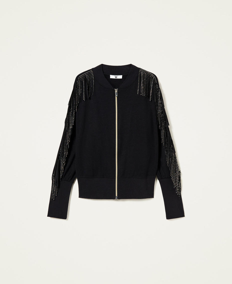 Bomber jacket-like sweatshirt with fringes and studs Black Woman 222LL2SDD-0S
