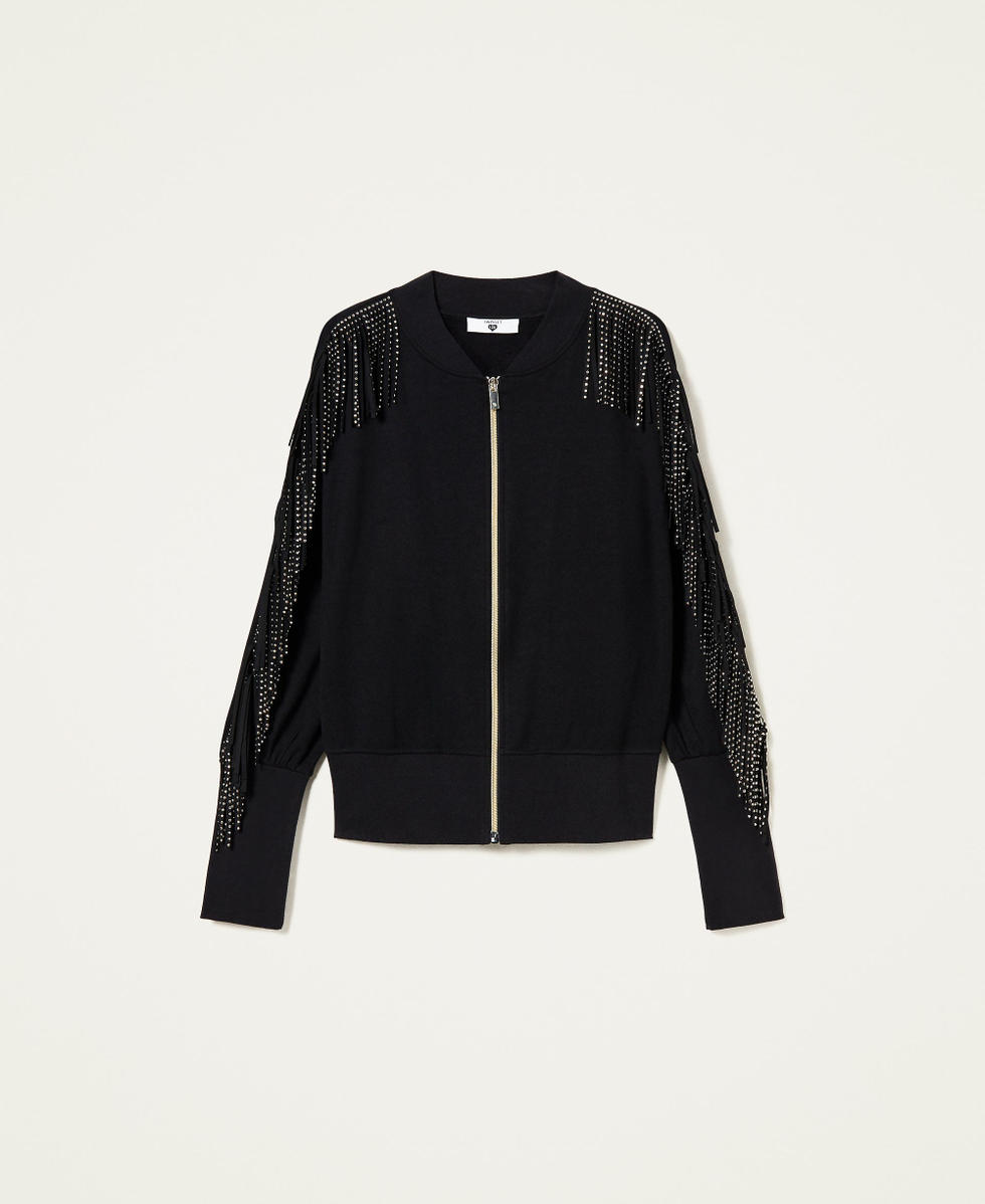 Bomber jacket-like sweatshirt with fringes and studs