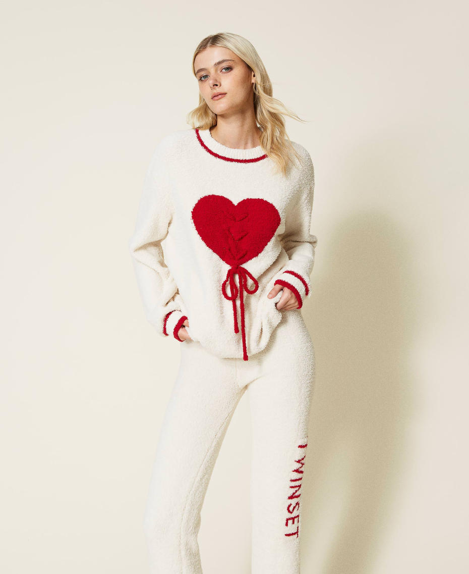 Maglia e pantaloni con cuore e logo Bicolor Bianco "Sugar" / Rosso Ardente Donna 222LL3ABB-01