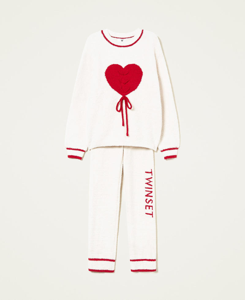 Maglia e pantaloni con cuore e logo Bicolor Bianco "Sugar" / Rosso Ardente Donna 222LL3ABB-0S