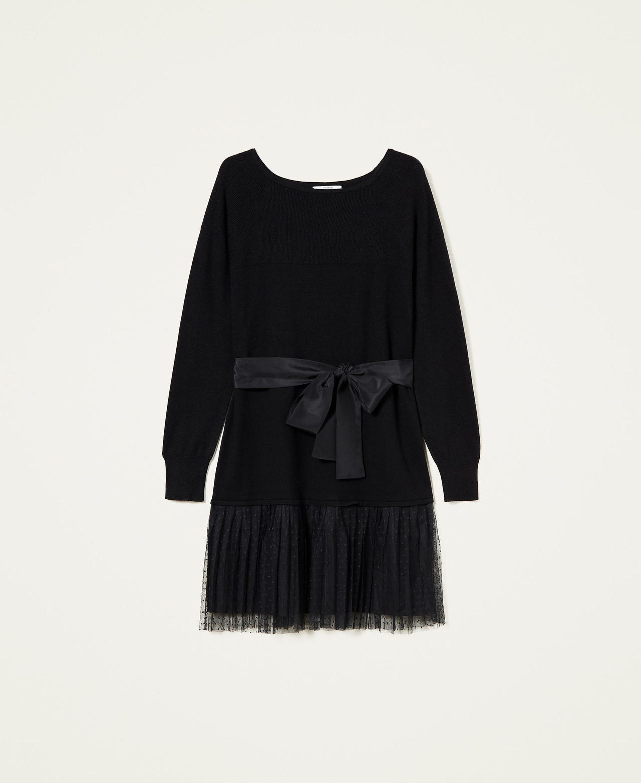 Knit dress with tulle flounce and belt