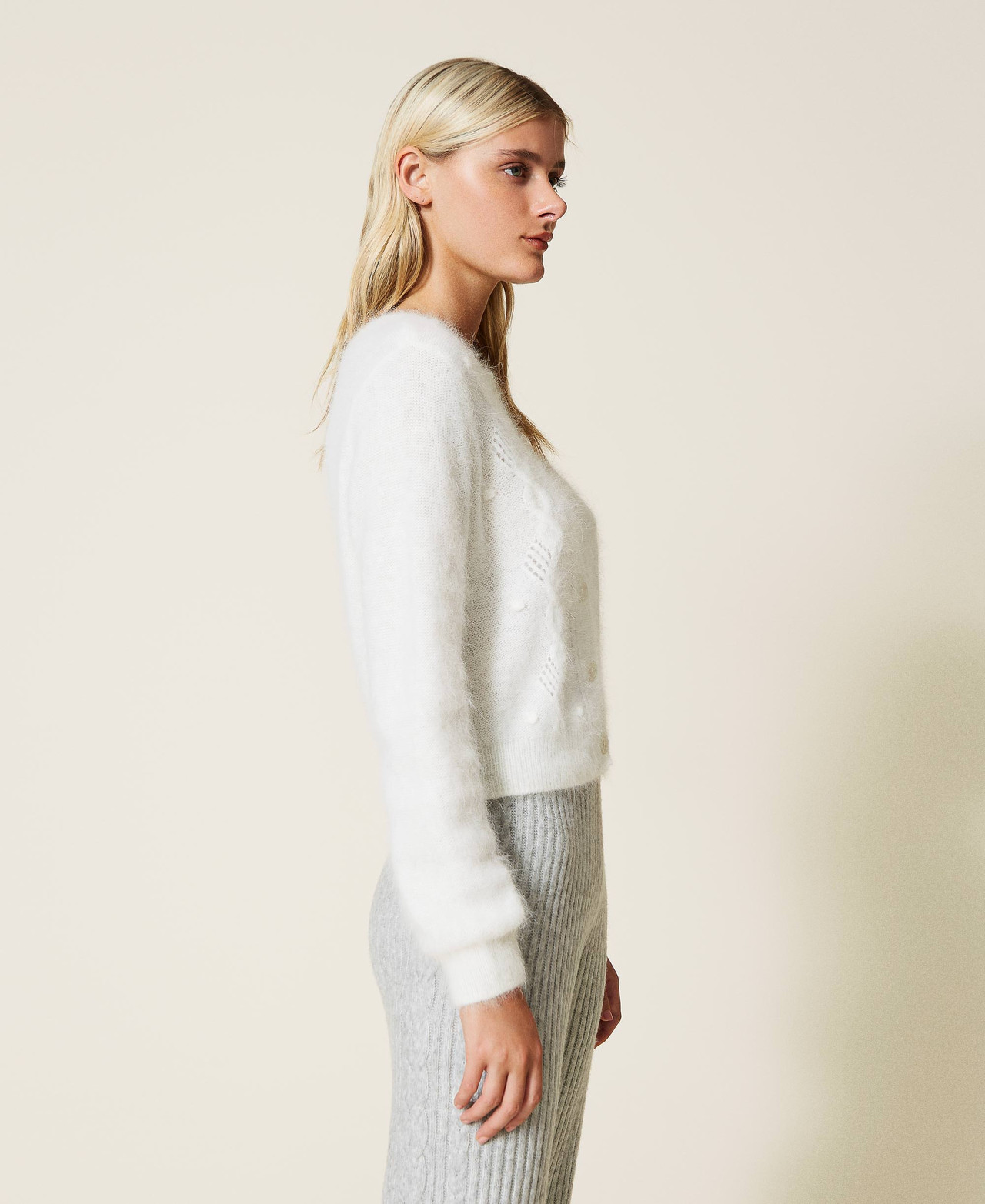 Cardigan De Poche Pour Femme Beige - Angora Et Coton Mélangé - Col V - Taille 18 - Marque Monsoon - Occasion Très Bon état