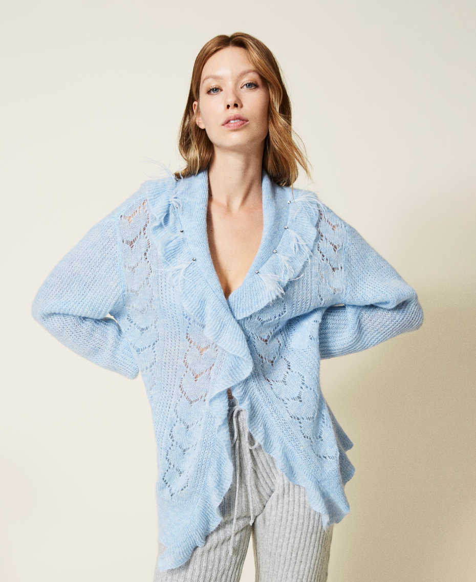 Oversized cardigan with feathers and rhinestones Ice Blue Woman 222LL3GAA-01