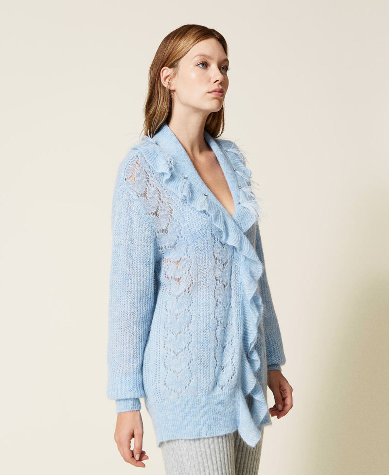 Oversized cardigan with feathers and rhinestones Ice Blue Woman 222LL3GAA-02