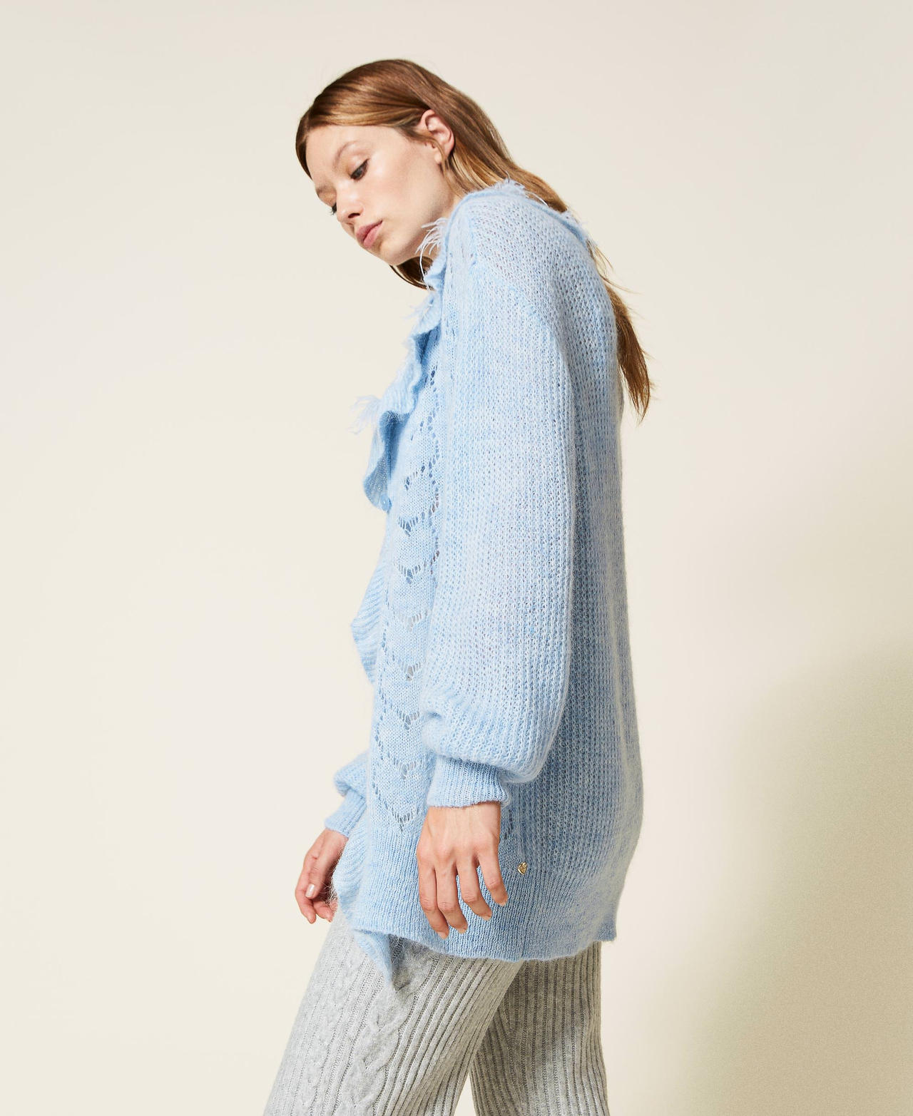 Oversized cardigan with feathers and rhinestones Ice Blue Woman 222LL3GAA-03