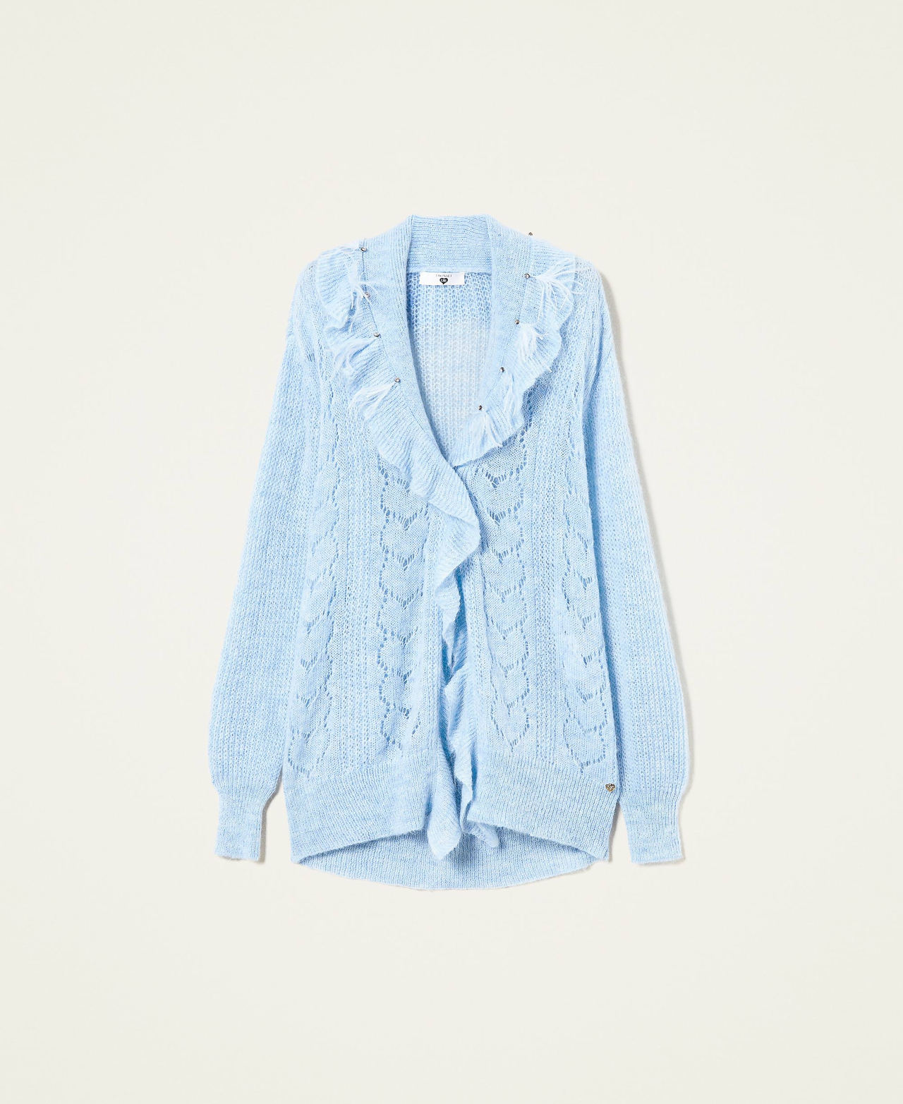 Oversized cardigan with feathers and rhinestones