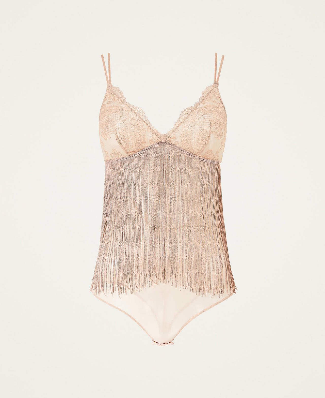 Lace and tulle bodysuit with fringes