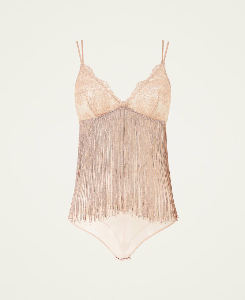 Lace and tulle bodysuit with fringes