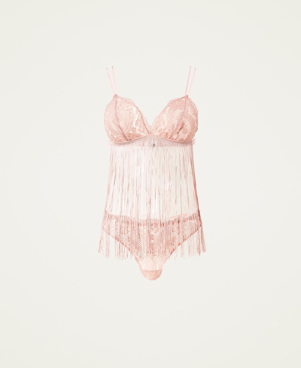 Lace triangle bra and g-string Two-tone "Pastel” Pink / Lurex Woman 222LL6C22_10079_0S