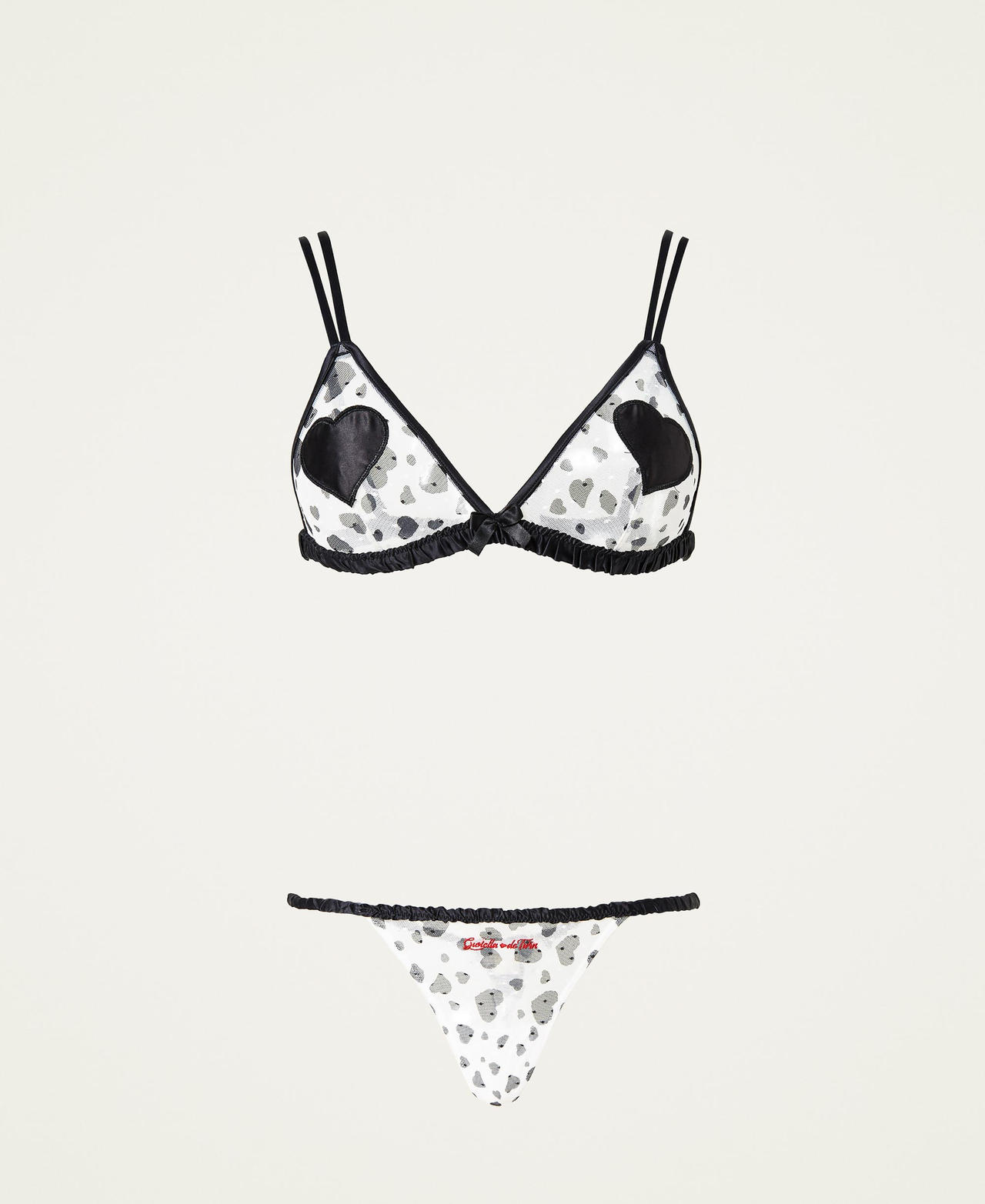Triangle bra and g-string with hearts Two-tone Heart Print / Black Woman 222LL6GSS_10090_0S