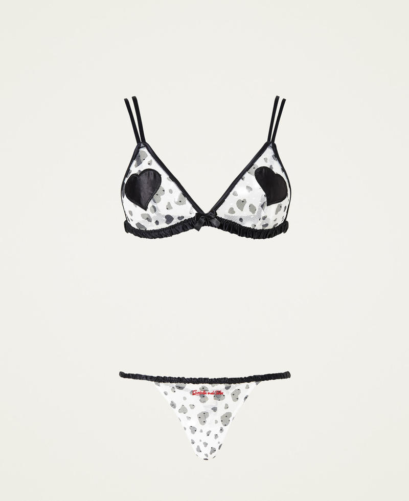 Triangle bra and g-string with hearts Two-tone Heart Print / Black Woman 222LL6GSS_10090_0S