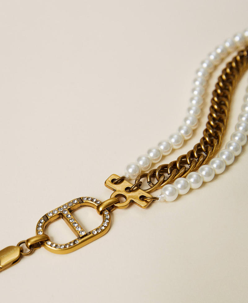 Armband mit Perlen und Logo Zweifarbig kupfriges Altmessing / Crystal-Silber Frau 222TA401G-03