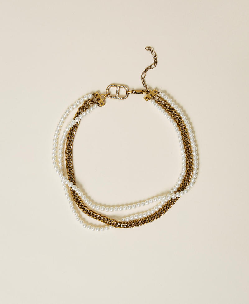 Collier en chaîne et perles avec logo Bicolore Laiton Vieilli Cuivré / Argent Cristal Femme 222TA4021-01