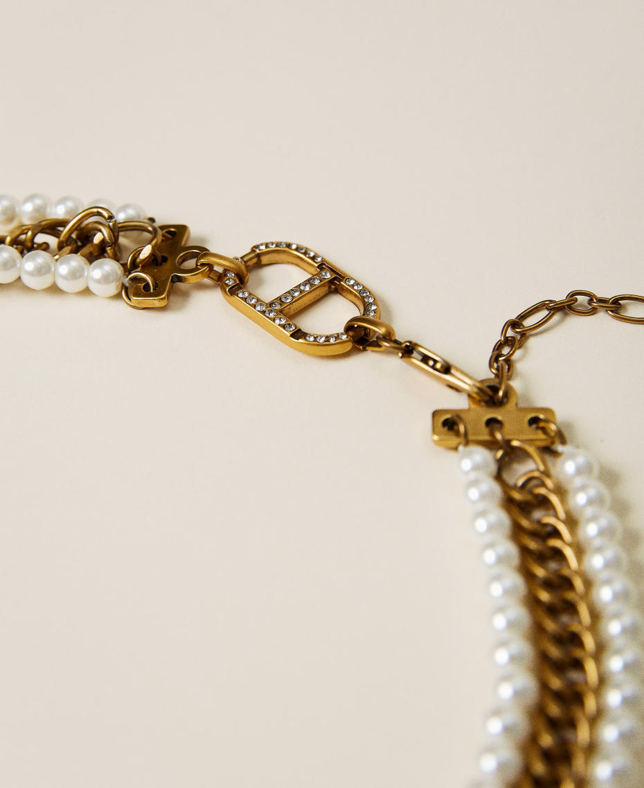 Collier en chaîne et perles avec logo Bicolore Laiton Vieilli Cuivré / Argent Cristal Femme 222TA4021-03