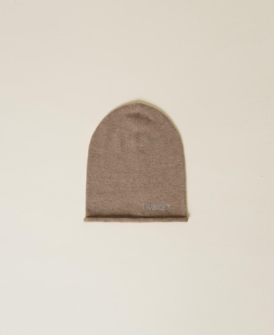 Mütze aus Wollmischung mit Strasslogo Dünenbeige Frau 222TA4049-01
