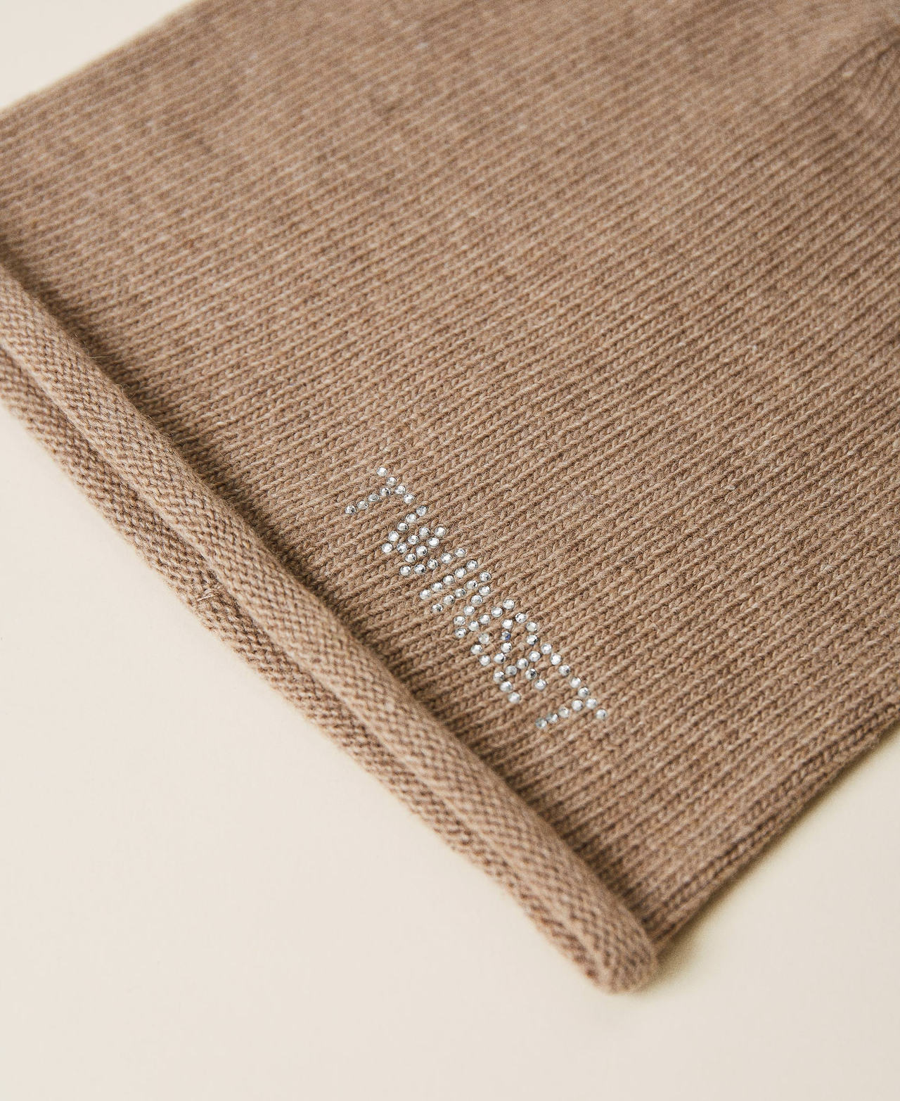 Wool blend beanie with rhinestone logo