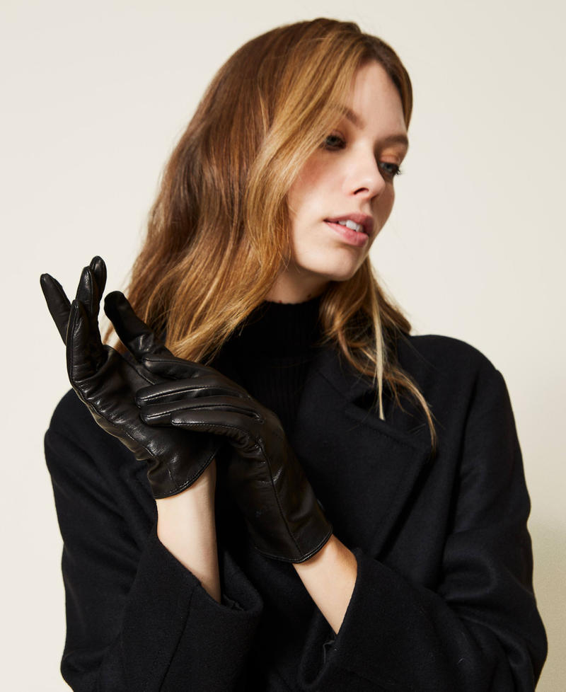 Handschuhe aus Leder mit Logo Schwarz Frau 222TA4052-0S