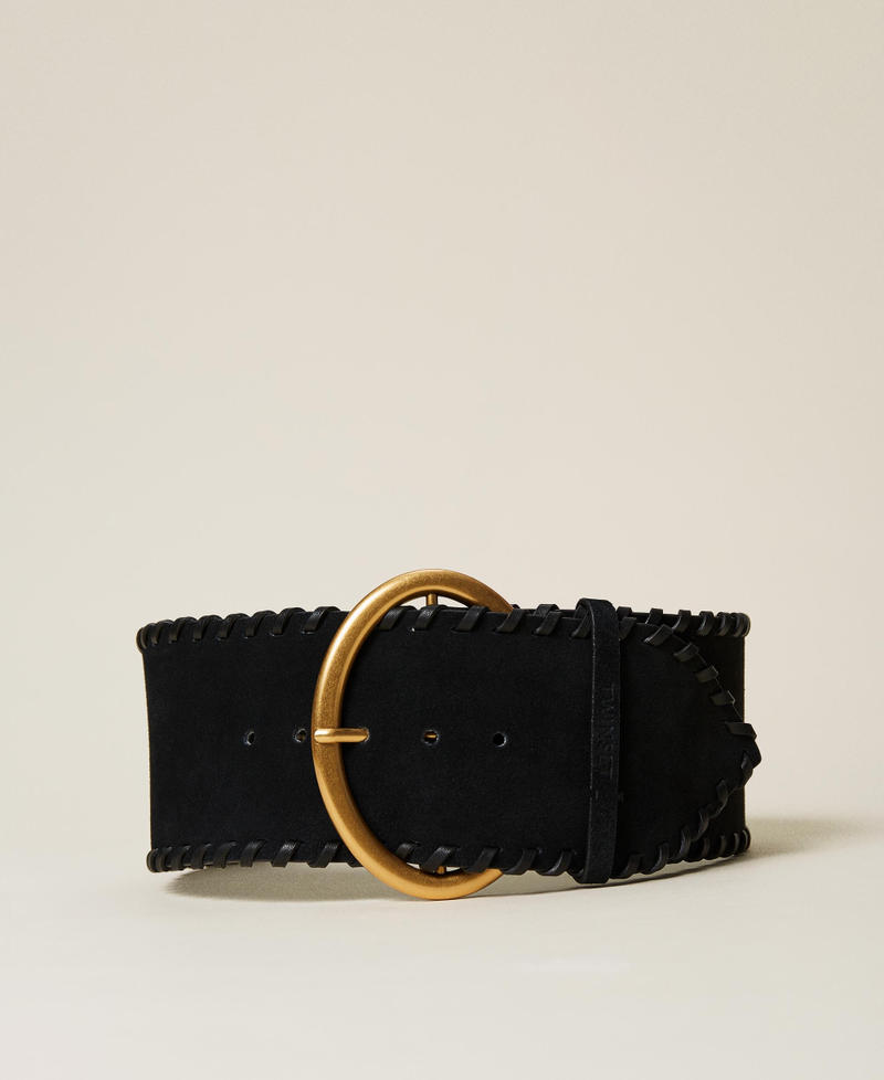 High waist leather belt with threadings Black Woman 222TA4068-01