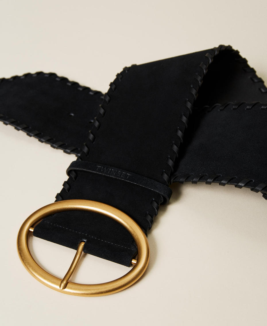 High waist leather belt with threadings Black Woman 222TA4068-03