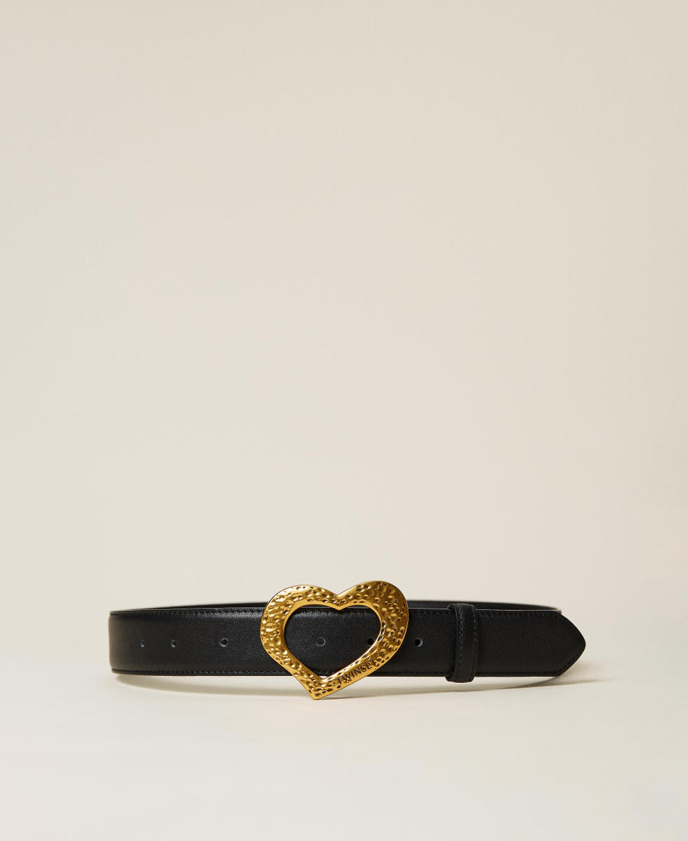 Leather belt with heart shaped buckle Woman, Black | TWINSET