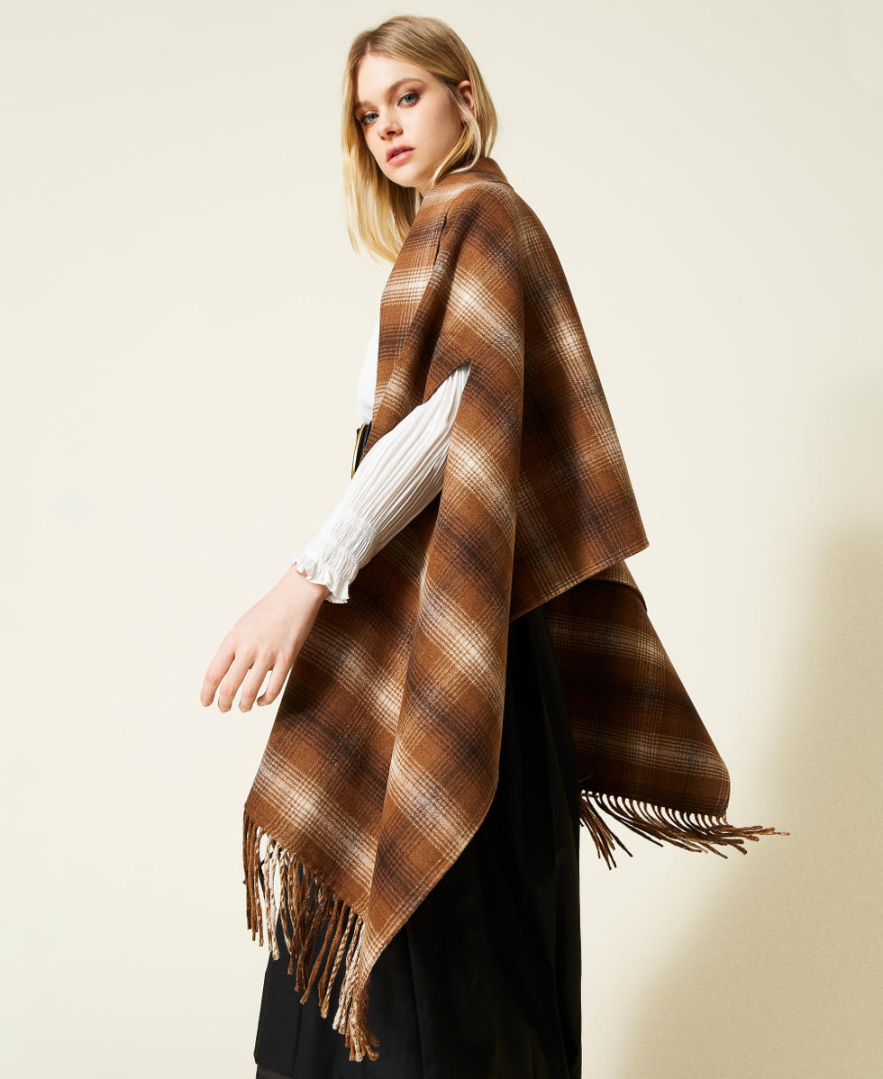Double wool blend poncho with check pattern
