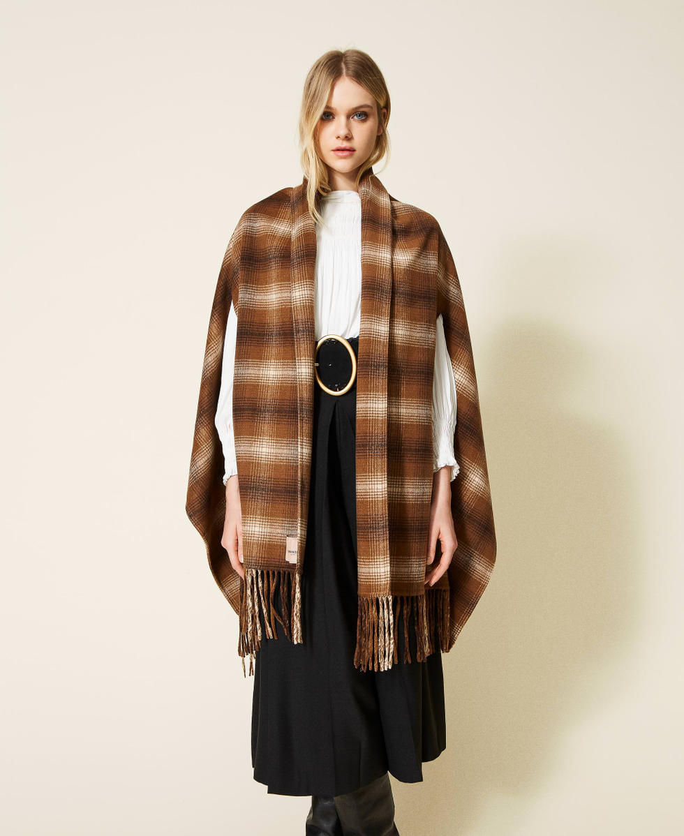 Double wool blend poncho with check pattern