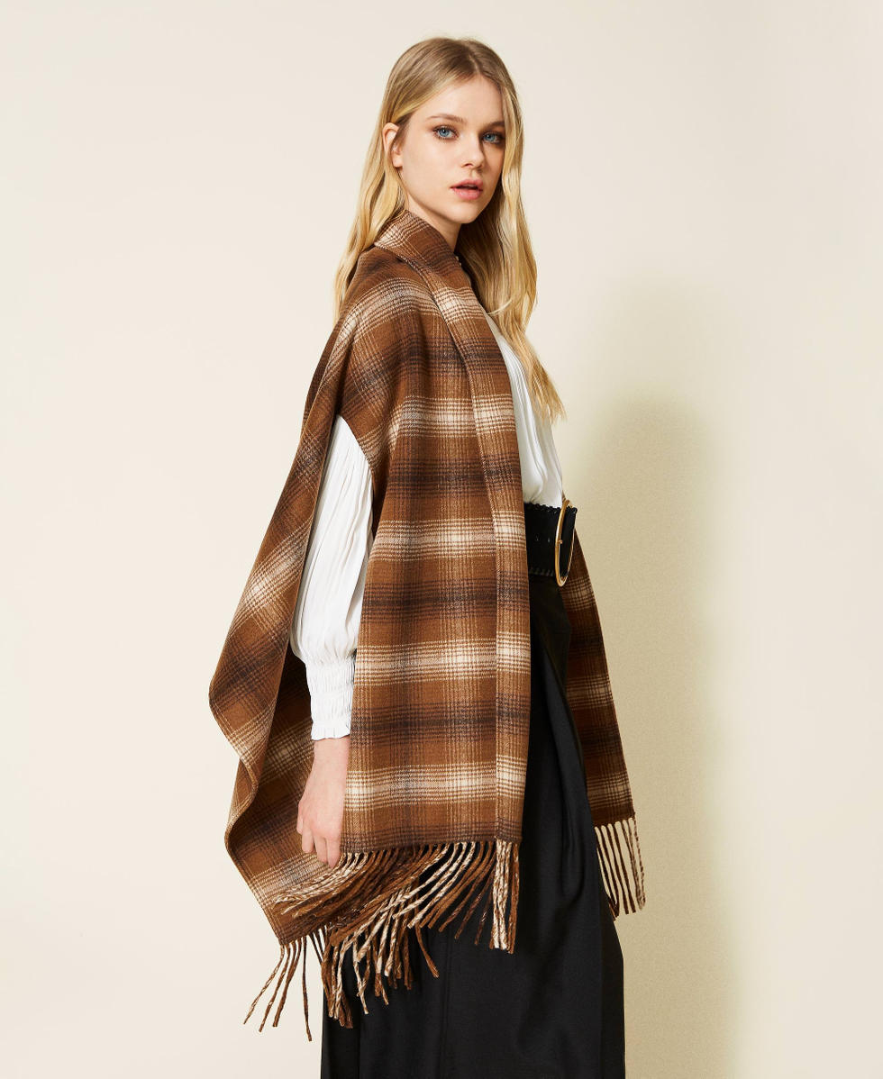 Double wool blend poncho with check pattern