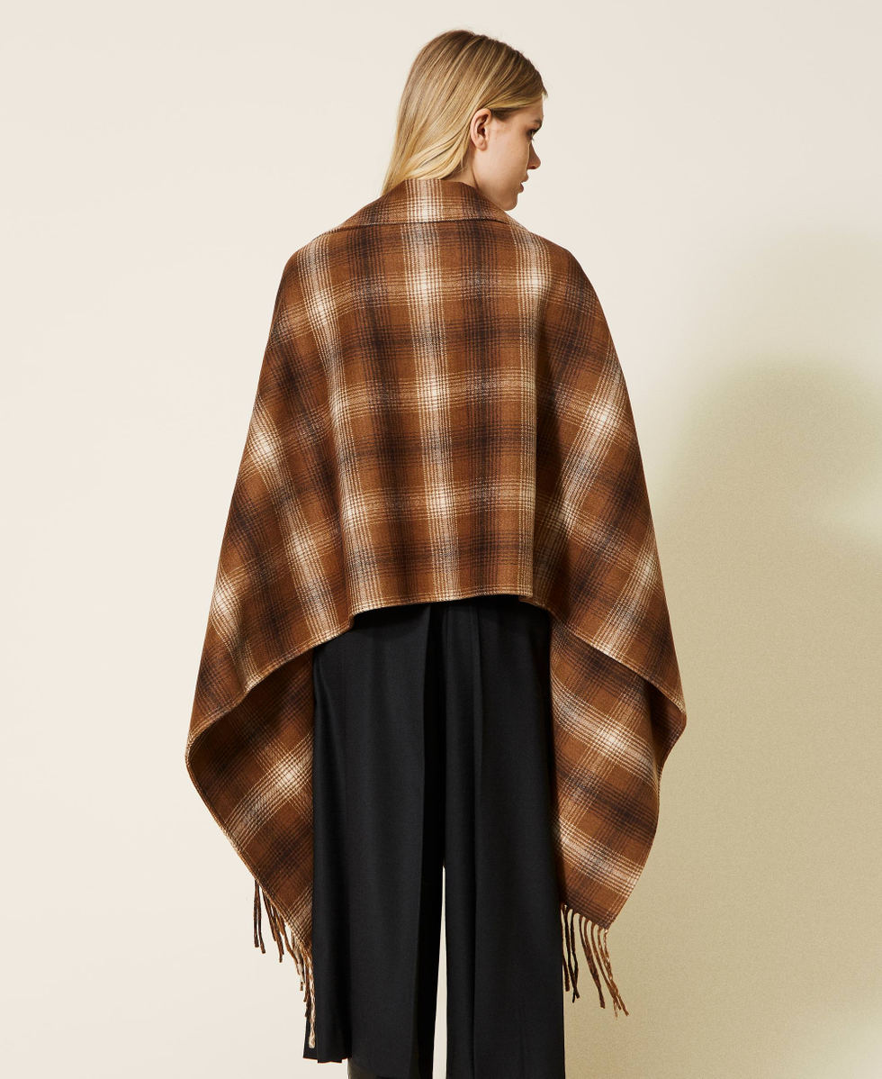 Double wool blend poncho with check pattern